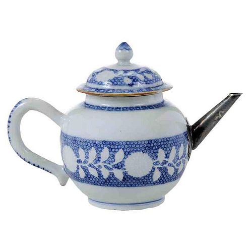 Chinese Blue And White Teapot, Silver Spout