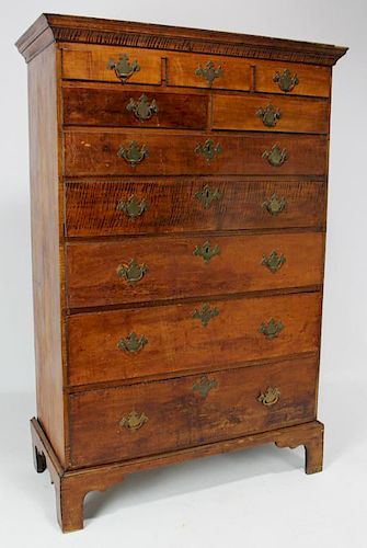 RHODE ISLAND CHIPPENDALE  TIGER MAPLE TALL CHEST