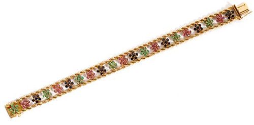 RUBY EMERALD SAPPHIRE AND 14KT GOLD FLORAL BRACELET