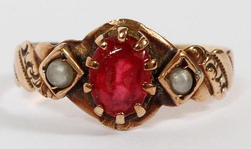 ANTIQUE YELLOW GOLD RED STONE AND SEED PEARL RING