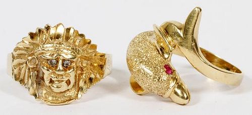 14KT YELLOW GOLD INDIAN HEAD AND DOLPHIN RINGS