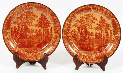 PAIR OF EARTHENWARE RED TRANSFER PLATES 19TH C.
