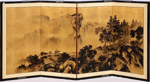 JAPANESE HAND PAINTED FIGURAL MOUNTAIN SCENE SCREEN