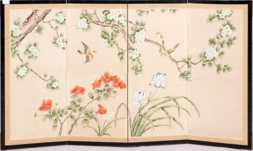 JAPANESE HAND PAINTED SCREEN W/ BIRDS ON TREE