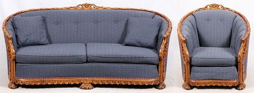CARVED WALNUT AND UPHOLSTERED SOFA AND ARM CHAIR