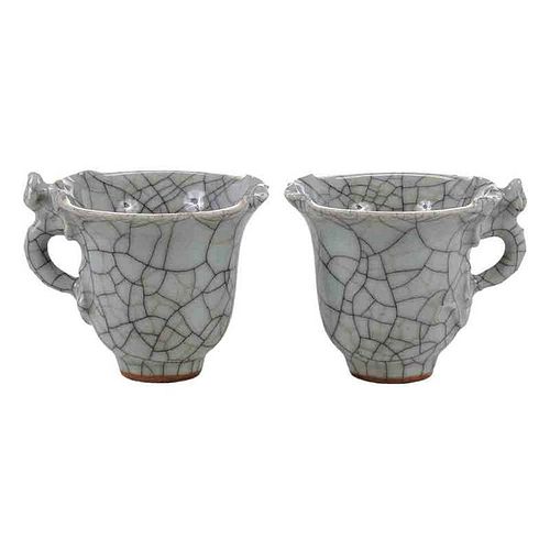 Pair Ge Ware Celadon Crackle Glaze Cups