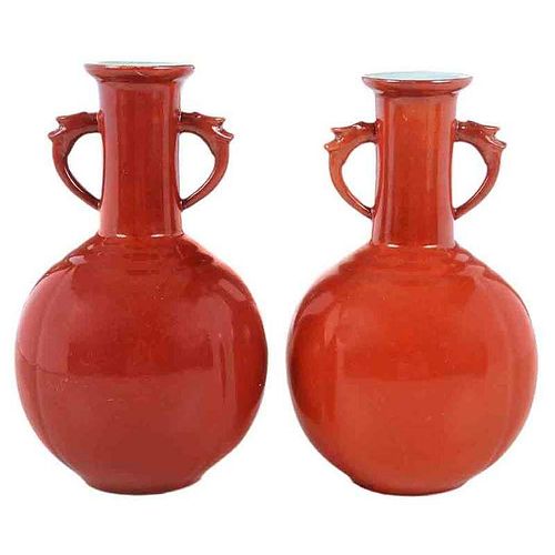 Pair Coral Ground Porcelain Bottle Vases