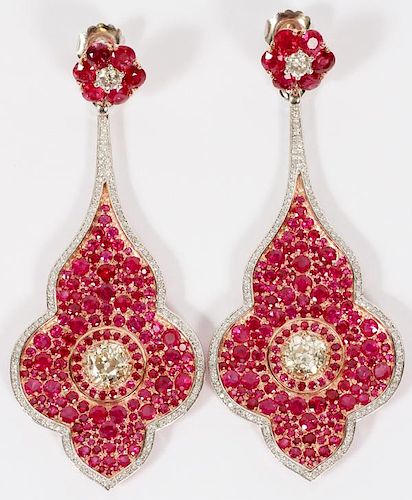 2.11CT AND 2.24CT DIAMOND AND RUBY DANGLE EARRINGS