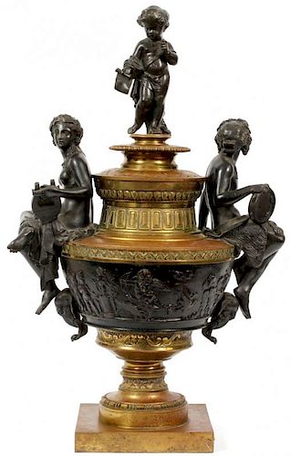 AFTER CLODION FRENCH DORE & BLACK PATINA CENTERPIECE W/ CHERUBS
