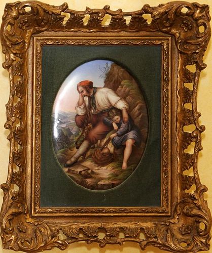 GERMAN OVAL OIL PAINTING ON PORCELAIN
