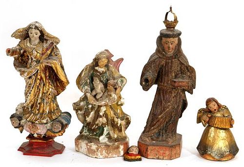 CARVED WOOD SANTOS FIGURES AND ANGEL 4 PIECES