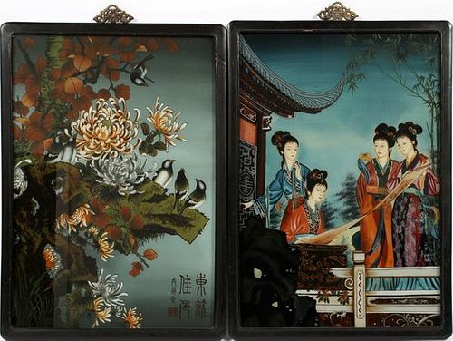 CHINESE REVERSE PAINTED ON GLASS PICTURES MODERN PAIR