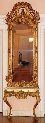 GILT PASTORAL PIER MIRROR AND MARBLE TOP CONSOLE 2 PIECES