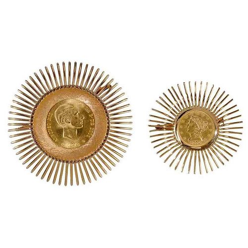 Two Gold Coin Brooches