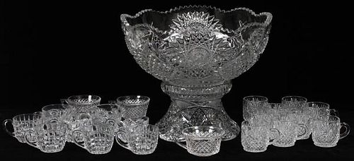 AMERICAN PRESSED GLASS RUM PUNCH BOWL & BASE DIA W/ VARIOUS STYLE PATTERN CUPS