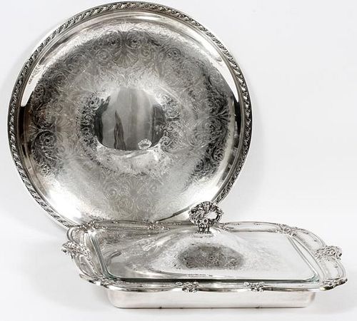 SILVER PLATE COVERED SERVER AND TRAY TWO PIECES