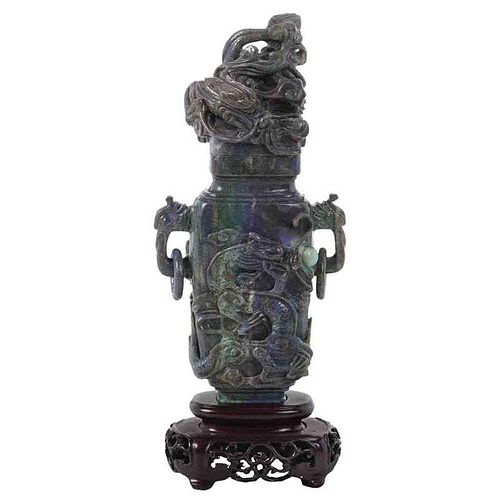 Carved Matrix Opal Urn with Cover