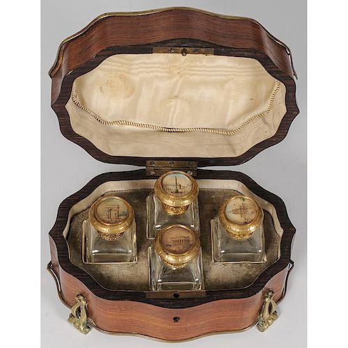 Walnut Box Containing Four Hand Blown Perfumers with Painted Scenes