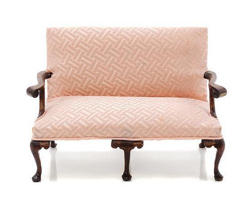 A Queen Anne Style Upholstered Settee, Height 3 1/8 x width 4 5/8 x depth 2 1/4 inches.