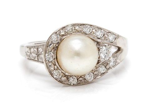 A 14 Karat White Gold, Cultured Pearl and Diamond Ring, 2.30 dwts.
