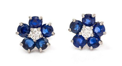A Pair of Platinum, Sapphire and Diamond Flower Stud Earrings, Oscar Heyman Brothers, 2.70 dwts.