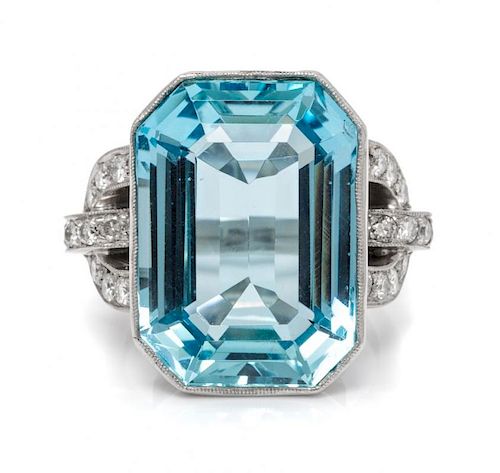 A Platinum, Aquamarine and Diamond Ring, 8.80 dwts.