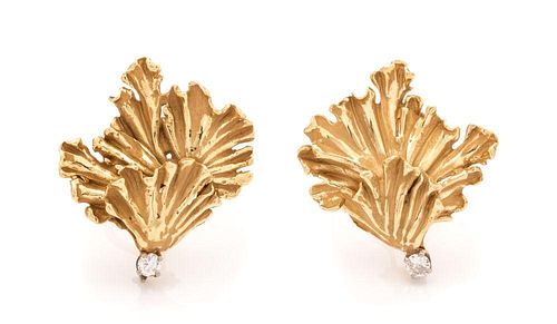 A Pair of 18 Karat Yellow Gold and Diamond Earclips, Erwin Pearl, 8.70 dwts.
