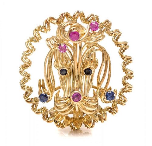 A 14 Karat Yellow Gold, Ruby and Sapphire Dog Brooch, 10.10 dwts.