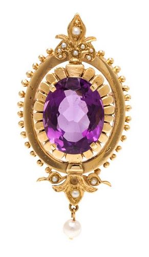 A Yellow Gold, Amethyst and Cultured Pearl Pendant/Brooch, 9.40 dwts.