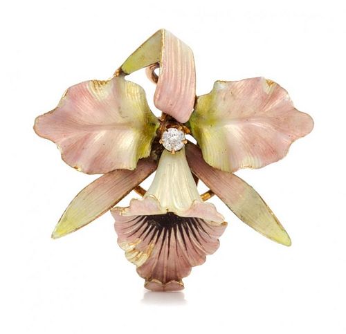 An Art Nouveau Yellow Gold, Polychrome Enamel and Diamond Orchid Pendant/Brooch, 4.40 dwts.