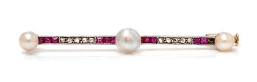 A Platinum Topped Gold, Pearl, Diamond and Ruby Bar Brooch, 2.30 dwts.