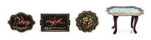 Four English Tole Painted Trays, NATASHA BESHENKOVSKY, Height of first 1 1/8 x width 2 1/8 x depth 1 5/8 inches.