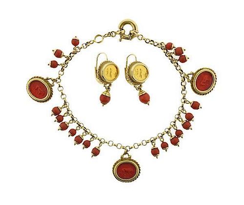 Tagliamonte 18K Gold Multi Color Intaglio Char Bracelet Earrings Set