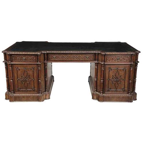 Gothic Style Carved and Figured Pedestal Desk