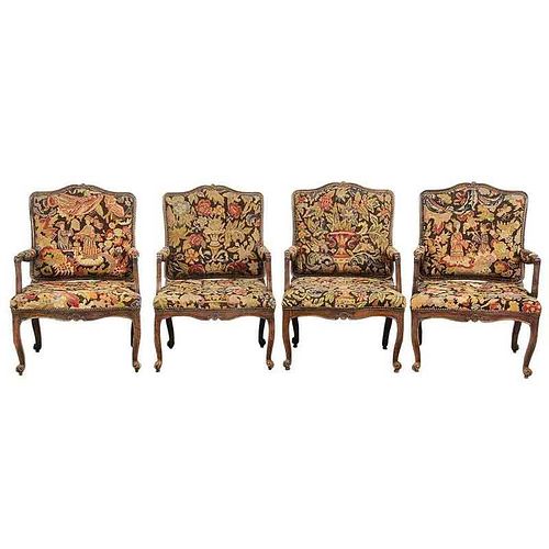 Four Period Louis XV Walnut Open Arm Chairs