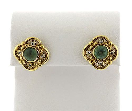 Helen Woodhull 18k Gold Diamond Green Stone Earrings
