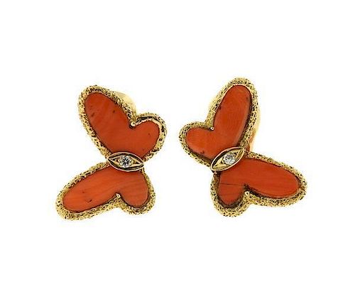 Van Cleef &amp; Arpels 18K Gold Coral Diamond Butterfly Earrings