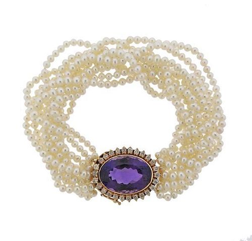 14k Gold Diamond Pearl Multi Strand Bracelet