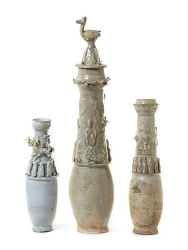 Three Celadon Glazed Pottery Funerary Jars
