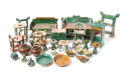 A Large Sancai Glazed Pottery Funerary Set