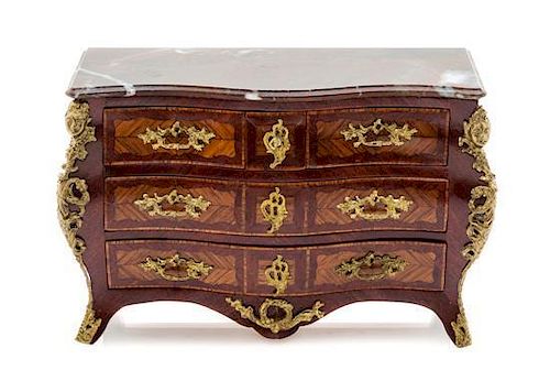 A Regence Style Gilt Metal Mounted Bombe Commode, Height 3 x width 4 3/4 x depth 2 1/8 inches.