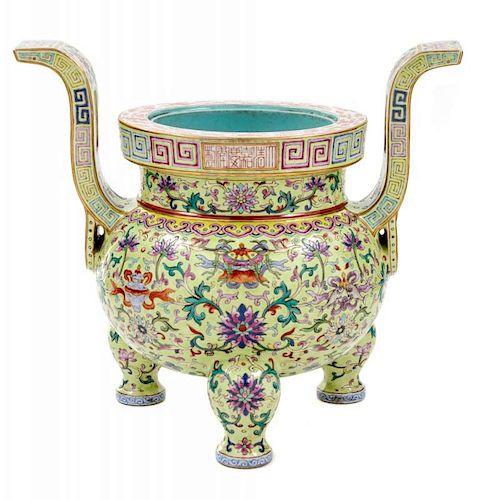 A Lime-Green Ground Famille Rose Porcelain Incense Burner