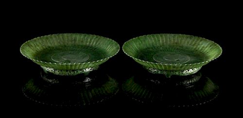 A Pair of Mughal Style Carved Spinach Jade Chrysanthemum Plates