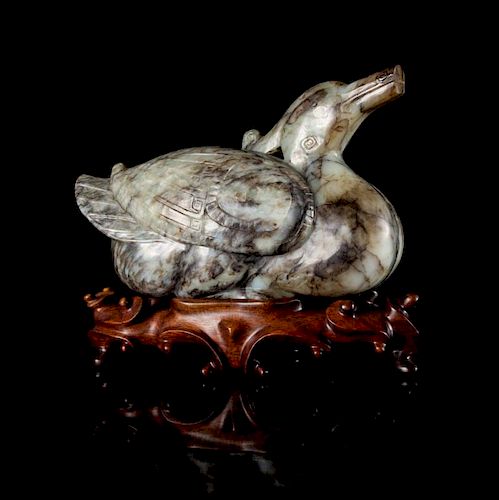 A Grey and Black Jade Figure of a Duck