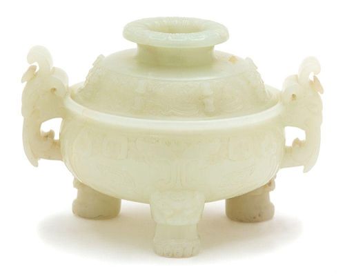 A Carved Jade Tripod Censer and Cover