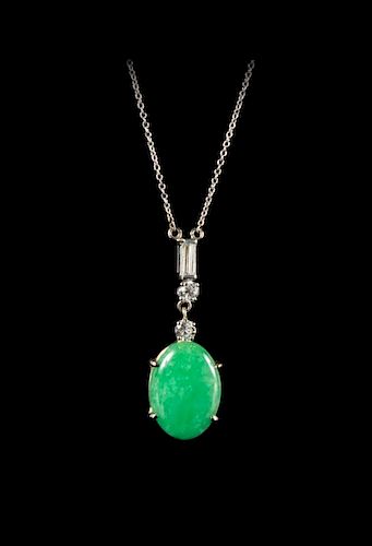 A Jadeite and Diamond Inset 14K White Gold Necklace