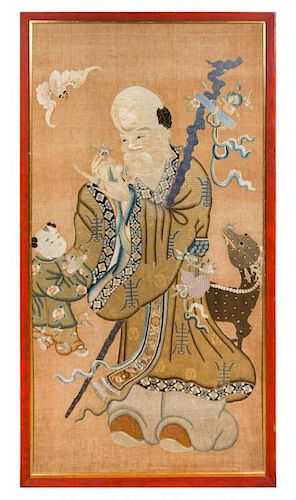 A Chinese Embroidered Silk Panel 66 1/2 x 33 1/4 inches.