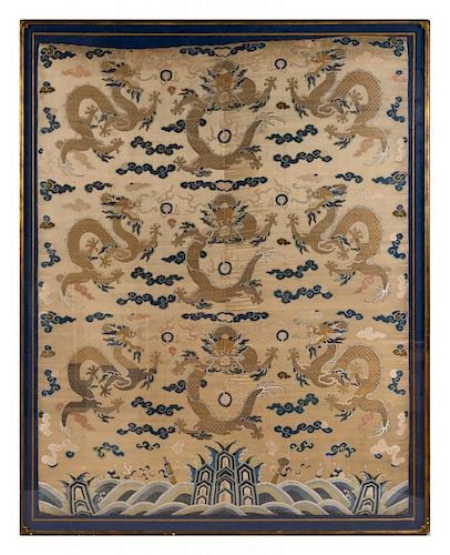 A Large Chinese Embroidered Silk Kang Cover Height approximately 7 x length 5 feet.