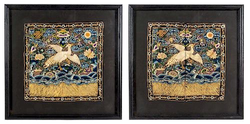 A Pair of Chinese Embroidered Silk Rank Badges of Silver Pheasants 11 x 11 inches.