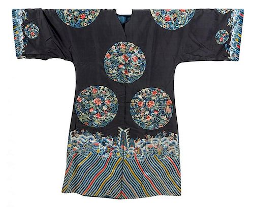 A Chinese Embroidered Silk Robe Height collar to hem 53 inches.
